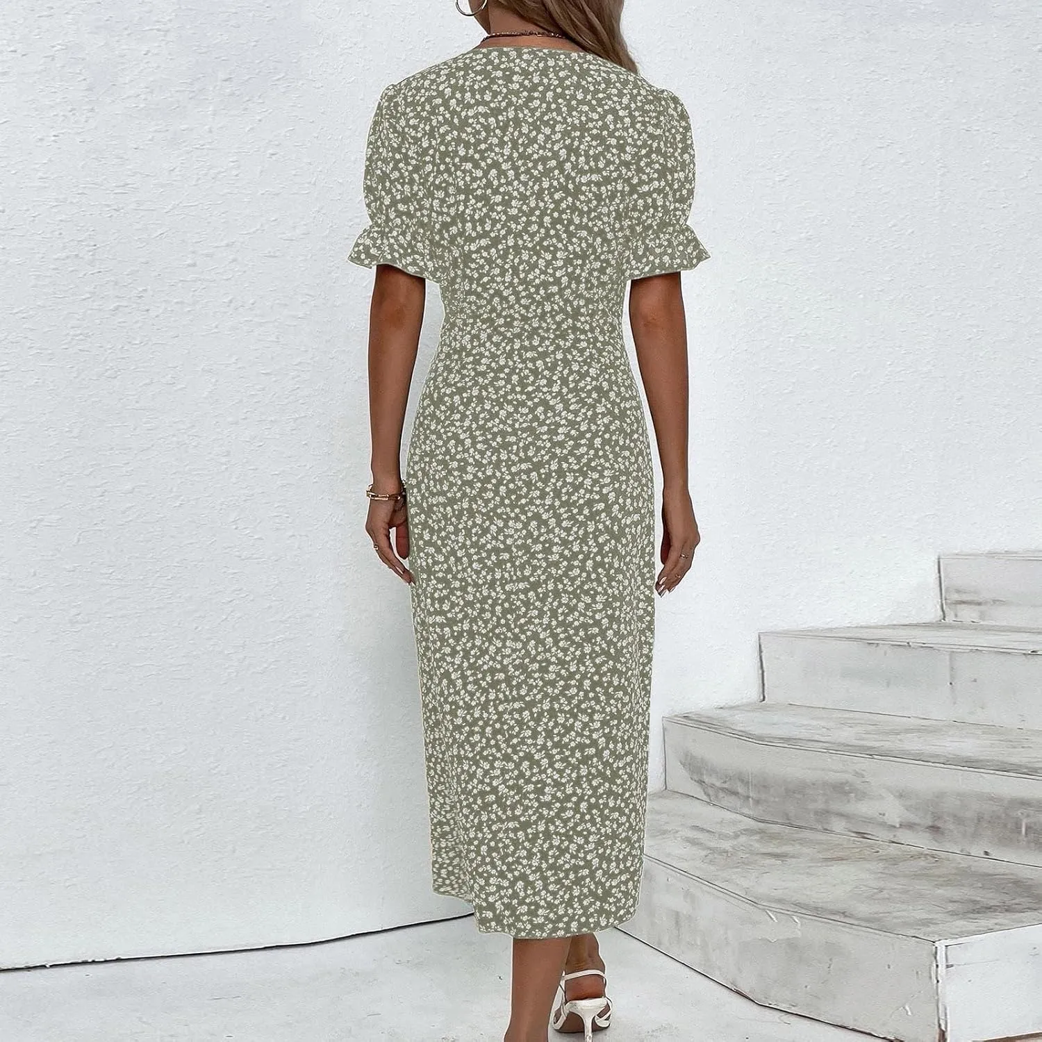 Beach Dresses for Women 2025 Vacation Spring Summer Boho Dress Short Sleeve V Neck Dresses Irregular Hem Midi Dress