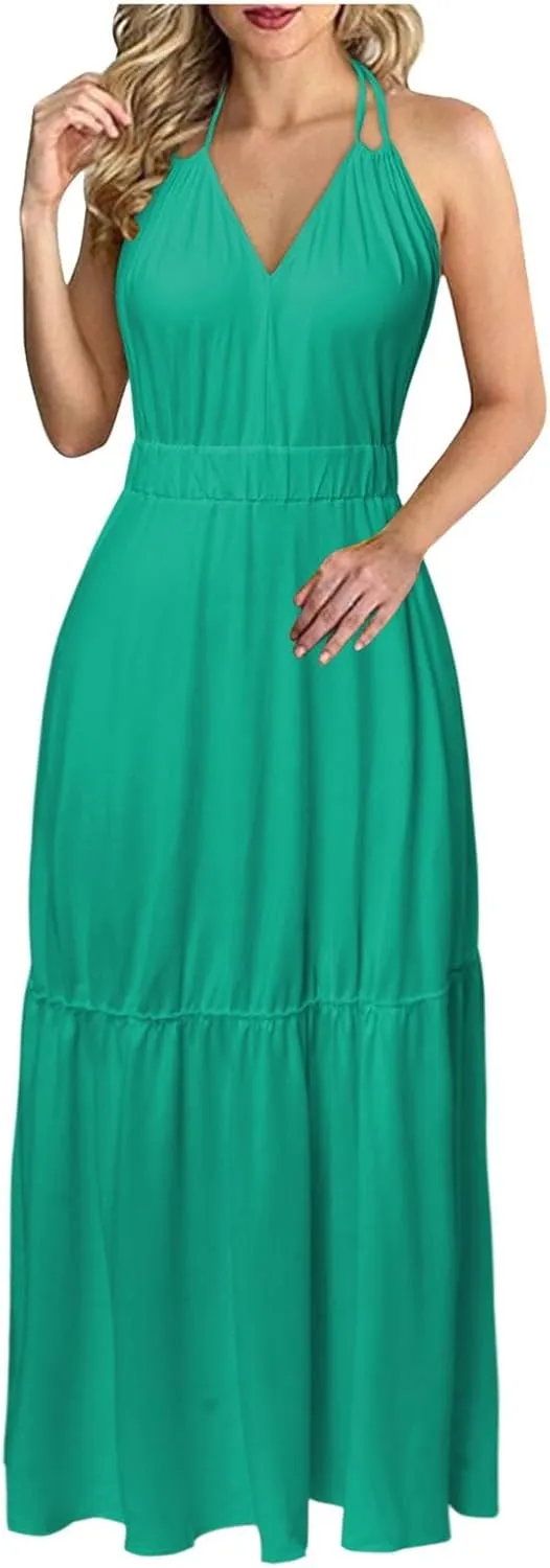 Beach Maxi Dresses For Women 2024 Vacation Spaghetti Strap Sleeveless Casual Summer Dress Print Blackless Sundress
