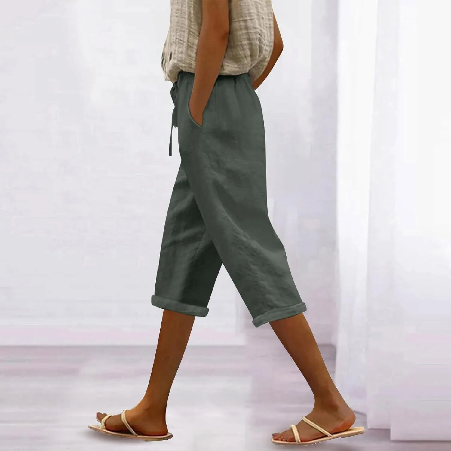Beach Pants for Women Pants Drawstring Capri Pants with Pockets Wide Leg Cropped Pants for Women Loose Pants for