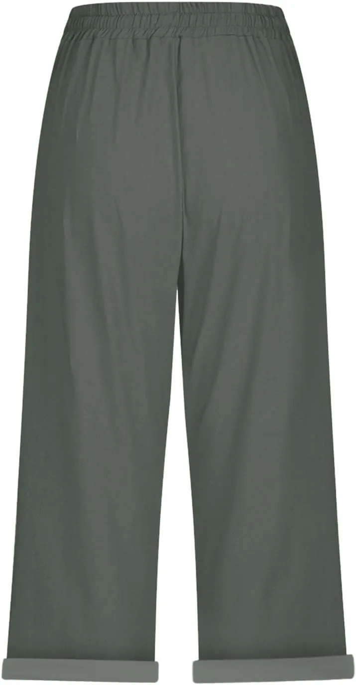 Beach Pants for Women Pants Drawstring Capri Pants with Pockets Wide Leg Cropped Pants for Women Loose Pants for