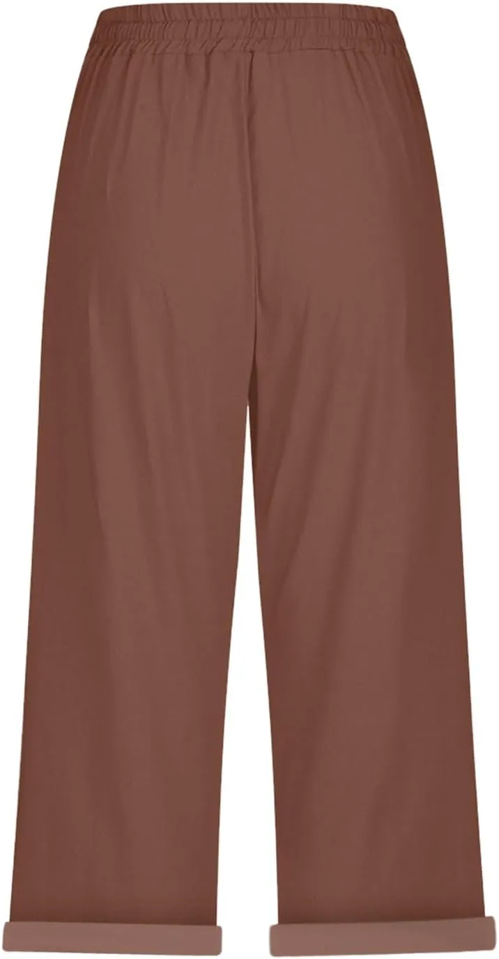 Beach Pants for Women Pants Drawstring Capri Pants with Pockets Wide Leg Cropped Pants for Women Loose Pants for