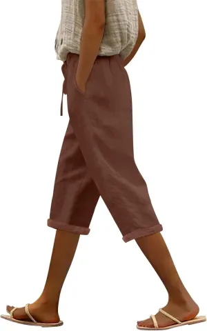 Beach Pants for Women Pants Drawstring Capri Pants with Pockets Wide Leg Cropped Pants for Women Loose Pants for