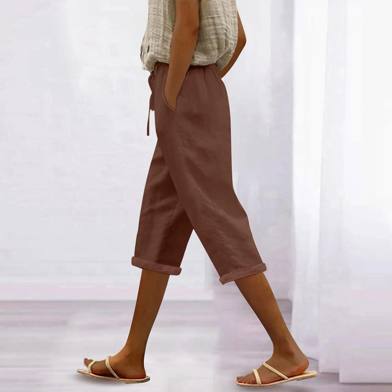 Beach Pants for Women Pants Drawstring Capri Pants with Pockets Wide Leg Cropped Pants for Women Loose Pants for