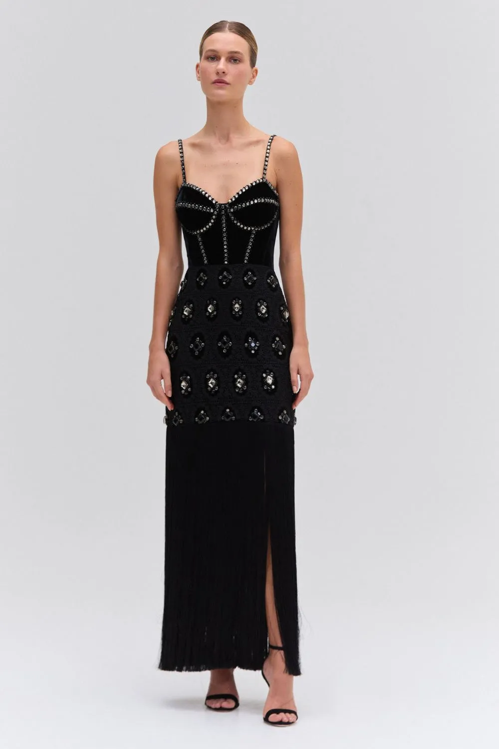 BEADED VELVET LACE MAXI DRESS