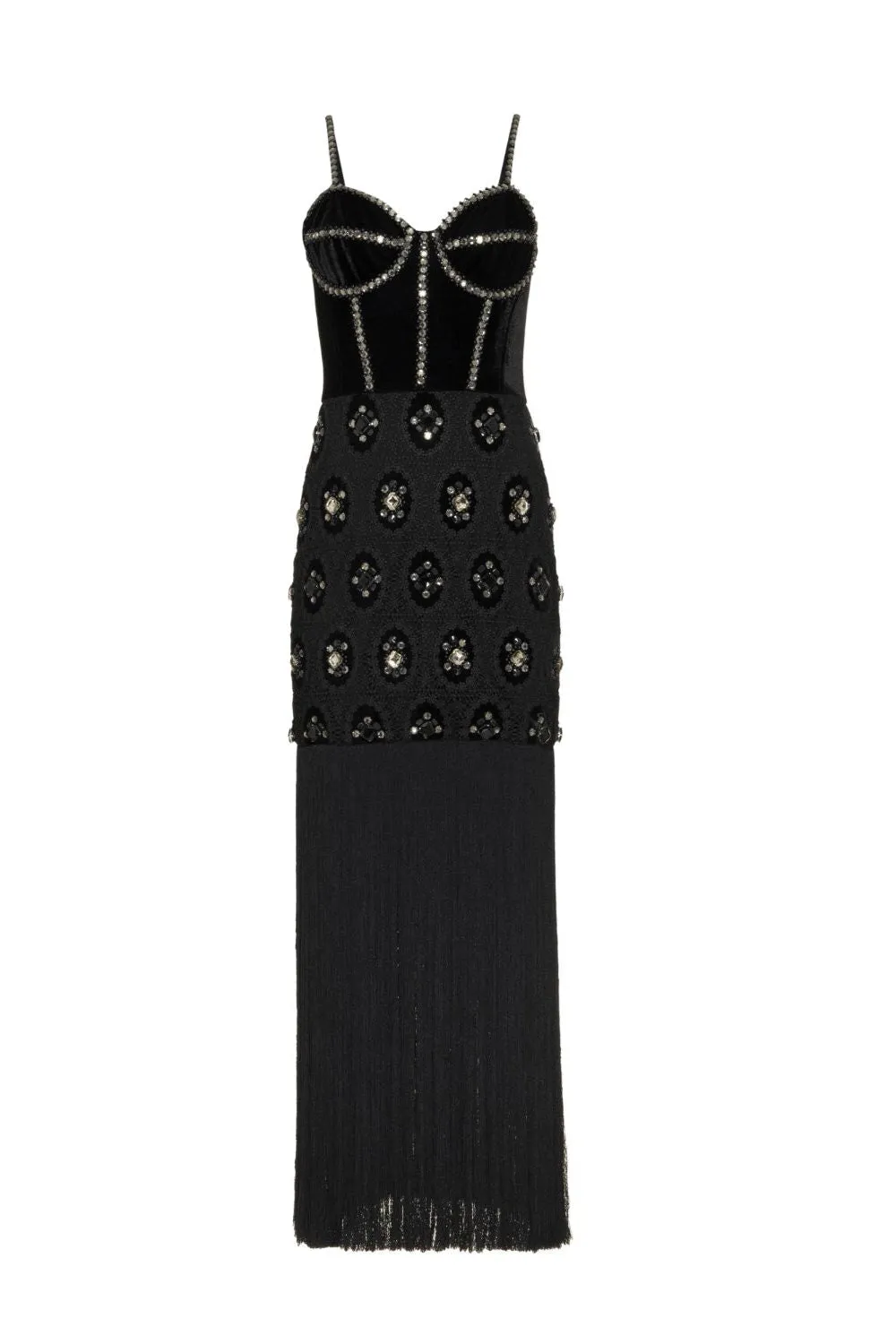 BEADED VELVET LACE MAXI DRESS
