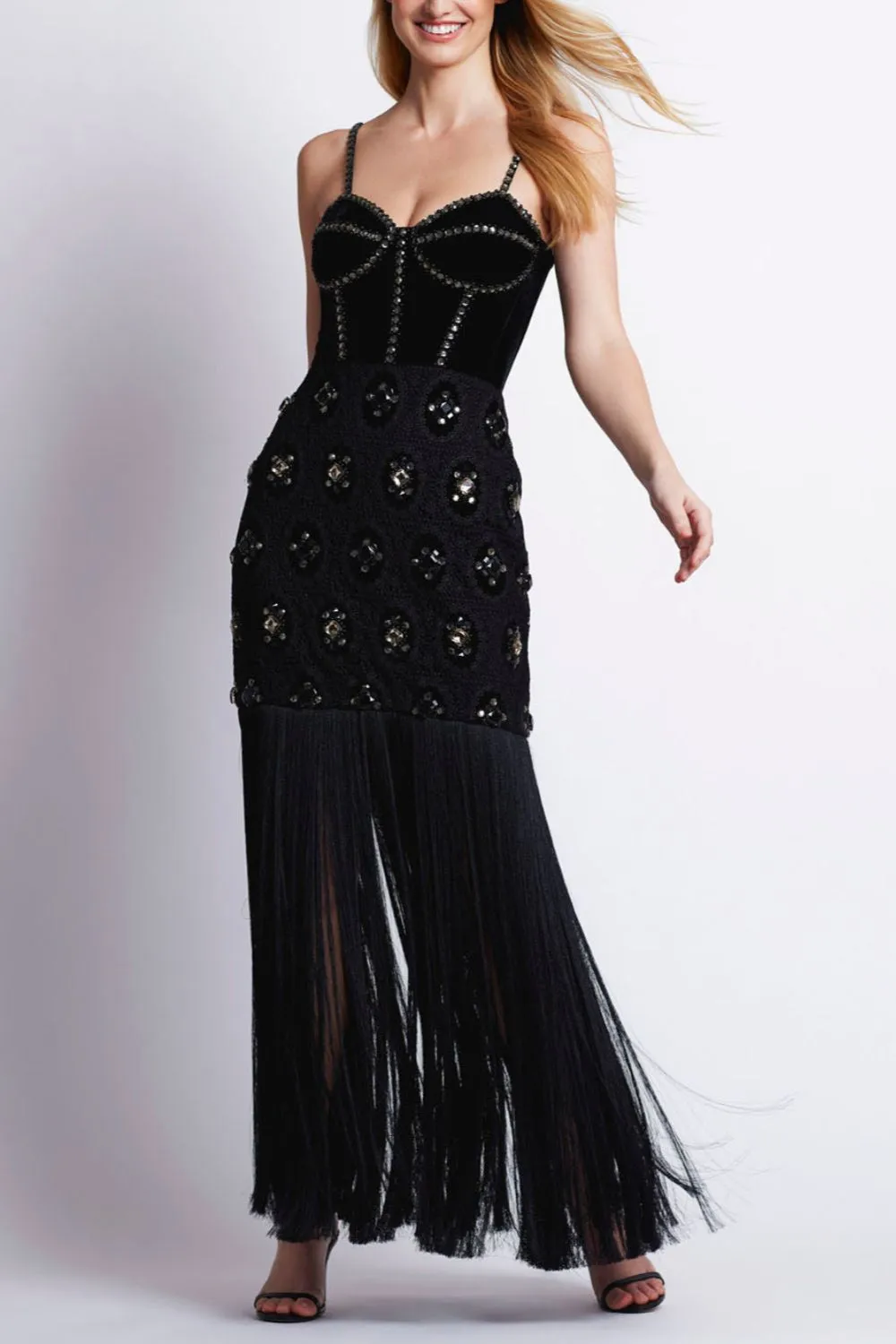 BEADED VELVET LACE MAXI DRESS