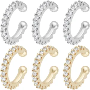 Beebeecraft 6 Pairs 2 Colors Cubic Zirconia Ear Cuffs 18K Gold&Platinum Plated Brass Micro Pave CZ Stones for Women Cartilage Warp Clip On Non Piercing