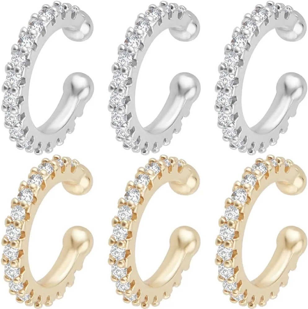 Beebeecraft 6 Pairs 2 Colors Cubic Zirconia Ear Cuffs 18K Gold&Platinum Plated Brass Micro Pave CZ Stones for Women Cartilage Warp Clip On Non Piercing