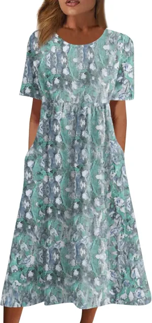 Below The Knee Short Sleeve Cover Up Ladies Dressy Classic Summer Super Soft Graphic Cotton Dress for Women.