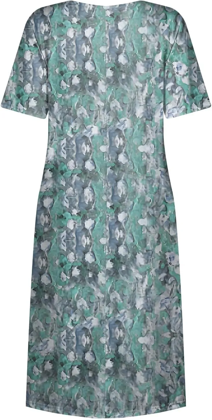 Below The Knee Short Sleeve Cover Up Ladies Dressy Classic Summer Super Soft Graphic Cotton Dress for Women.