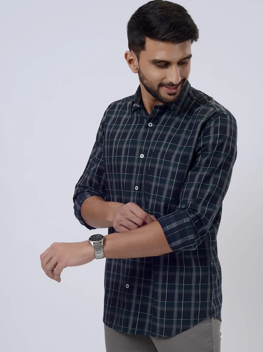 Blue Checked Tailored Fit Semi Casual Shirt | JadeBlue