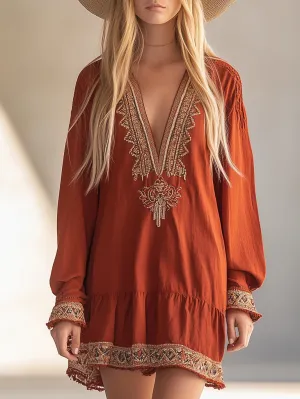 Bohemian Ribbon Long Sleeve Mini Dress