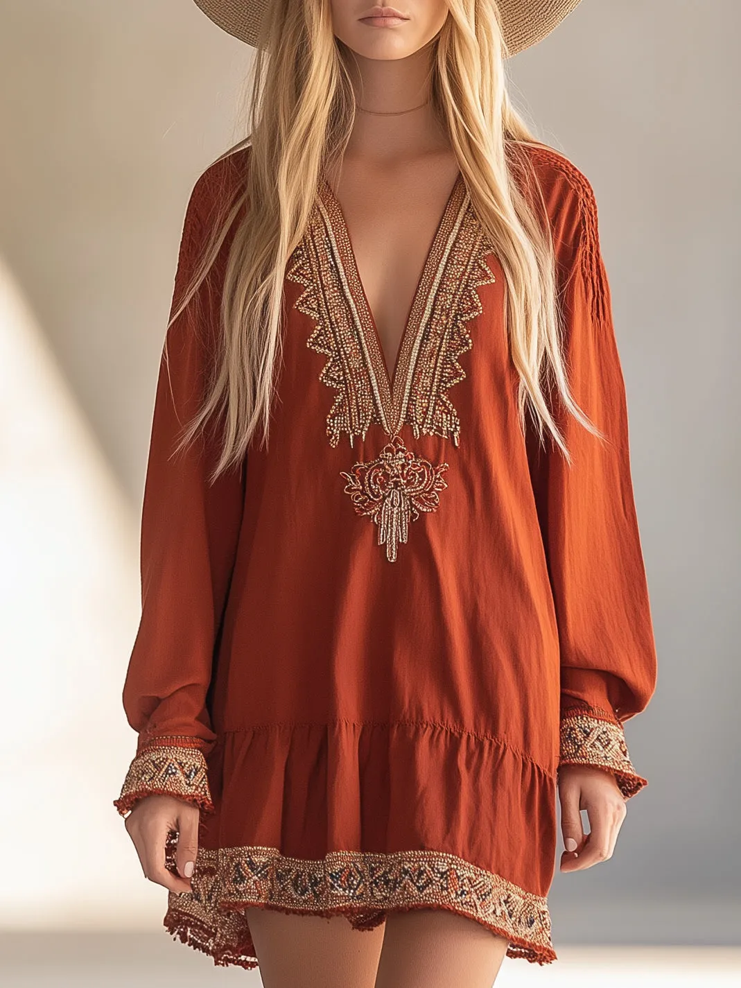 Bohemian Ribbon Long Sleeve Mini Dress