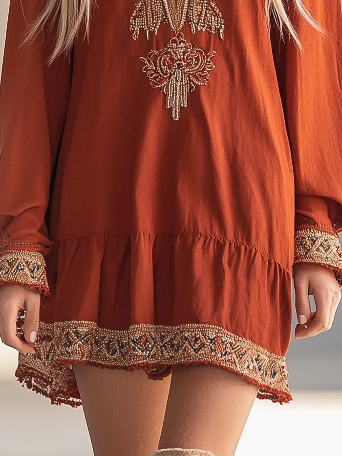Bohemian Ribbon Long Sleeve Mini Dress