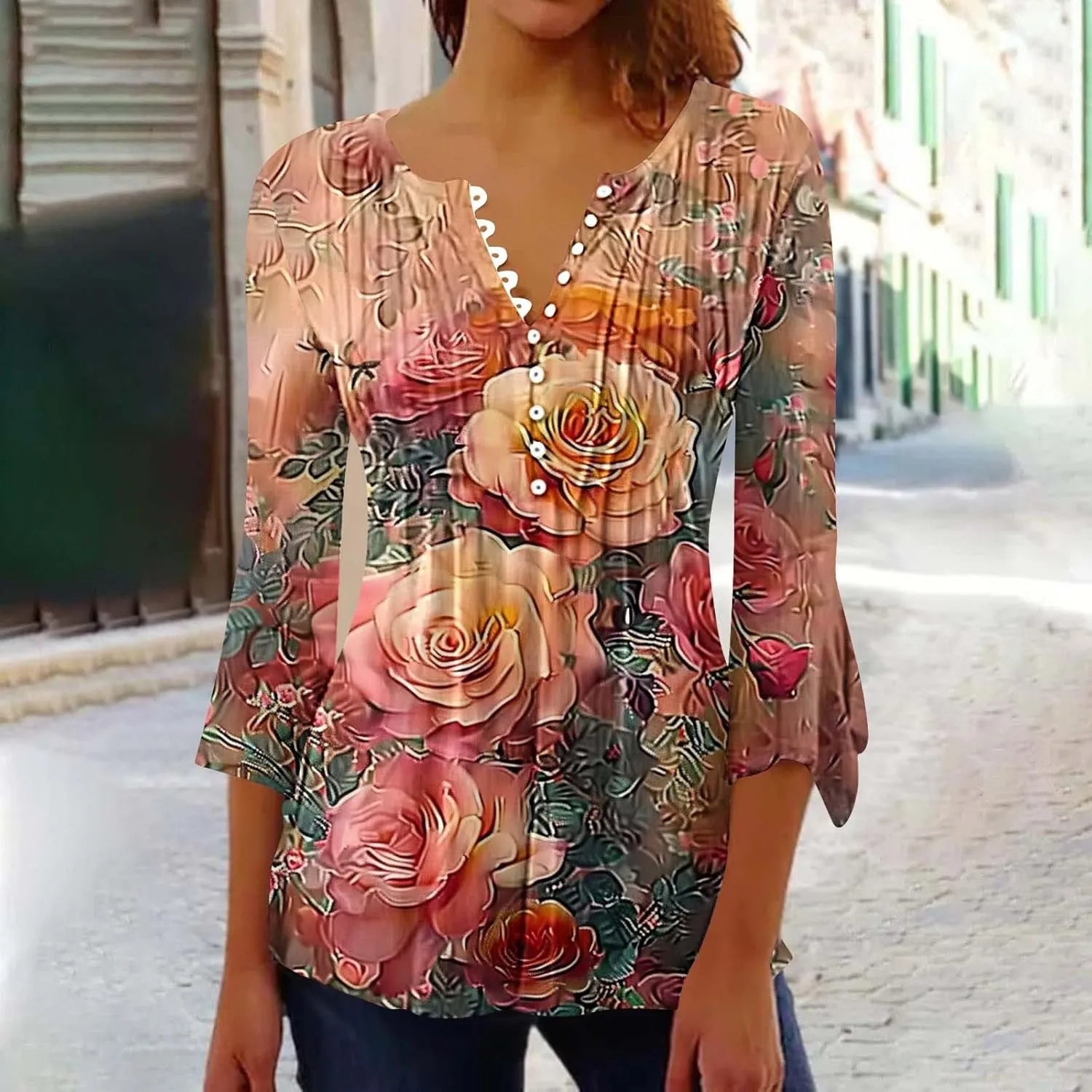 Bohemian Tops for Women Trendy Sexy Elegant T-Shirts Boho Floral Print 3/4 Bell Sleeve v Neck Shirts Blouses