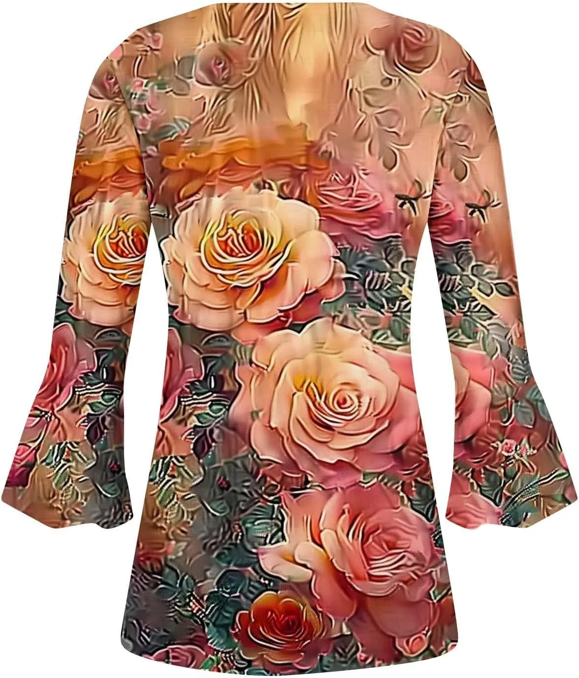 Bohemian Tops for Women Trendy Sexy Elegant T-Shirts Boho Floral Print 3/4 Bell Sleeve v Neck Shirts Blouses