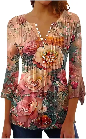 Bohemian Tops for Women Trendy Sexy Elegant T-Shirts Boho Floral Print 3/4 Bell Sleeve v Neck Shirts Blouses