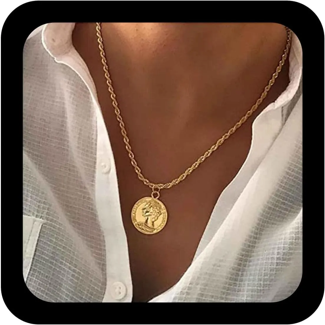 Boho Coin Medallion Necklace Gold Head Coin Pendant Necklace Retro Disc Choker Necklace Vintage Portrait Coin Necklaces Twist Chain Necklace Jewelry for Women