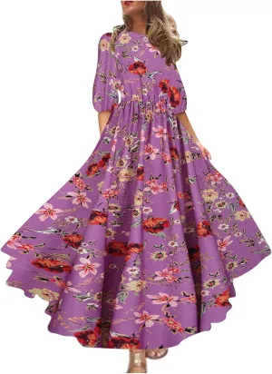 Boho Dresses for Women 2024 Crewneck Puff Short Sleeve Floral Maxi Dress Summer 2024 Trendy Beach Vacation Sundress