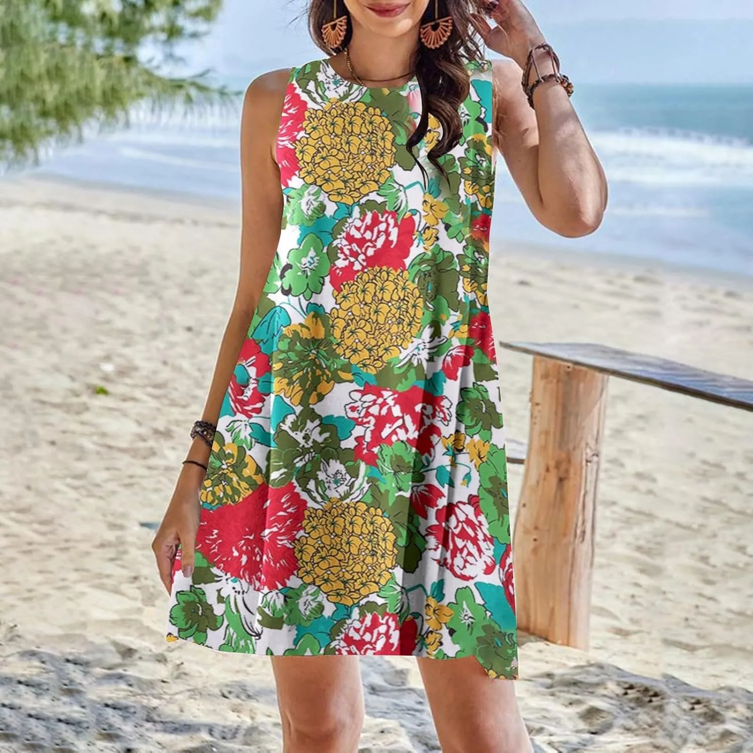 Boho Dresses for Women 2024 Summer Midi Dress Casual Spring Floral Print Tank Sleeveless Flowy Short Beach Sun Dress