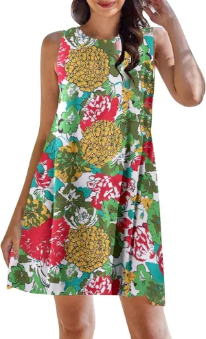 Boho Dresses for Women 2024 Summer Midi Dress Casual Spring Floral Print Tank Sleeveless Flowy Short Beach Sun Dress