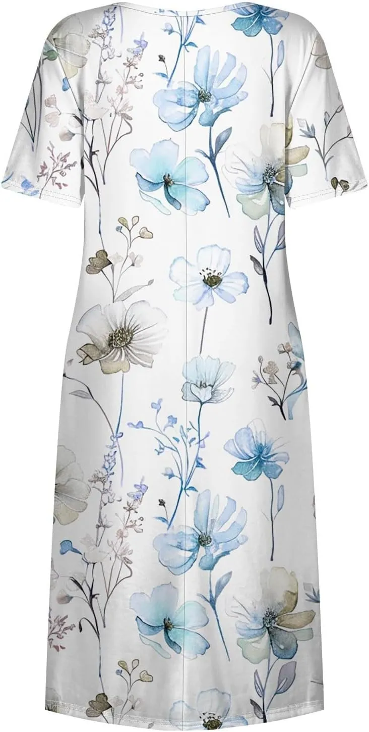 Boho Dresses for Women 2025 Summer Casual Short Sleeve Long Dress Floral Beach Vacation Sundresses with Pockets