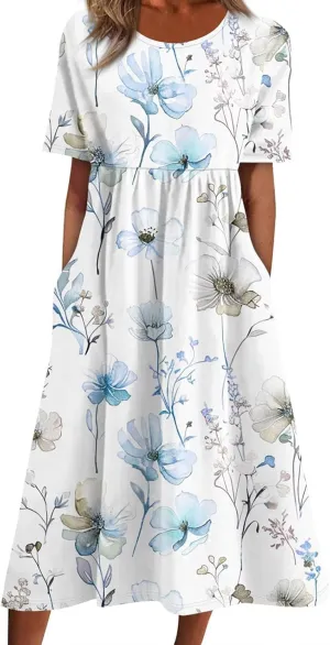 Boho Dresses for Women 2025 Summer Casual Short Sleeve Long Dress Floral Beach Vacation Sundresses with Pockets