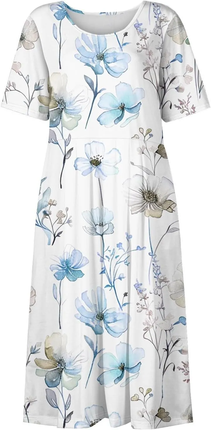 Boho Dresses for Women 2025 Summer Casual Short Sleeve Long Dress Floral Beach Vacation Sundresses with Pockets