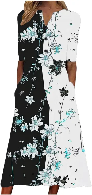 Boho Floral Dress for Women's Short Sleeve Button V Neck Dresses Vintage Casual Maxi Sundress Summer Beach Sundresses