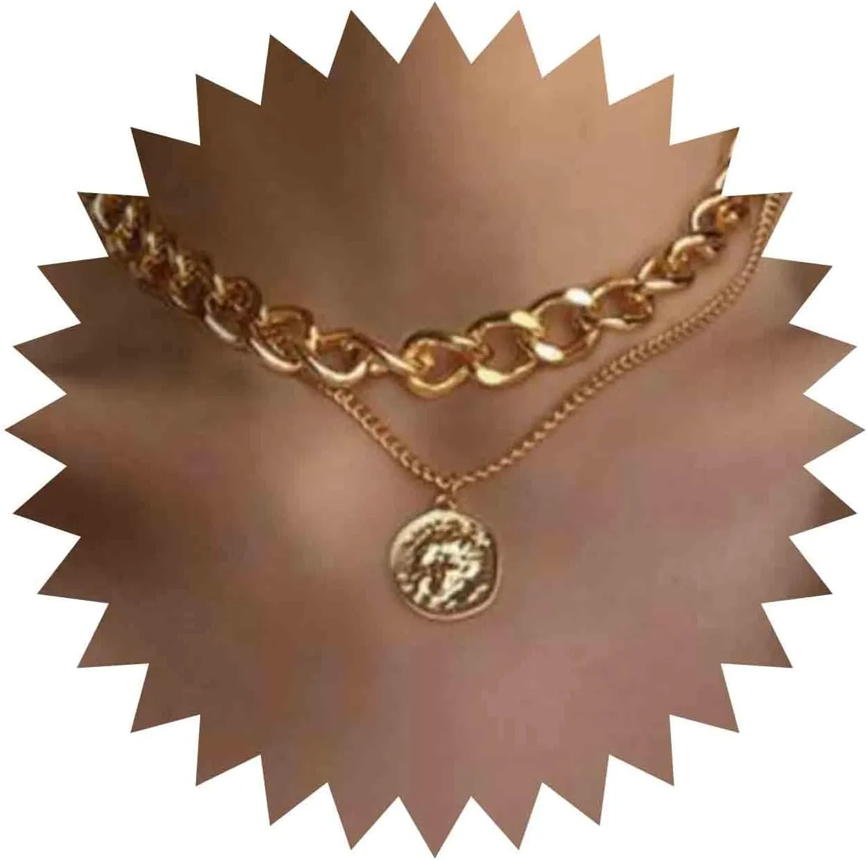 Boho Layered Coin Necklace Gold Portrait Round Card Pendant Simple Thick Chain Choker Necklaces Punk Jewelry Accessories for Women and Girls