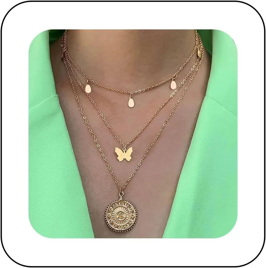 Boho Layered Coin Pendent Necklace Gold Disc Coin Necklace Small Butterfly Necklace Disc Medallion Necklace Sequin Choker Necklace Jewelry for Women