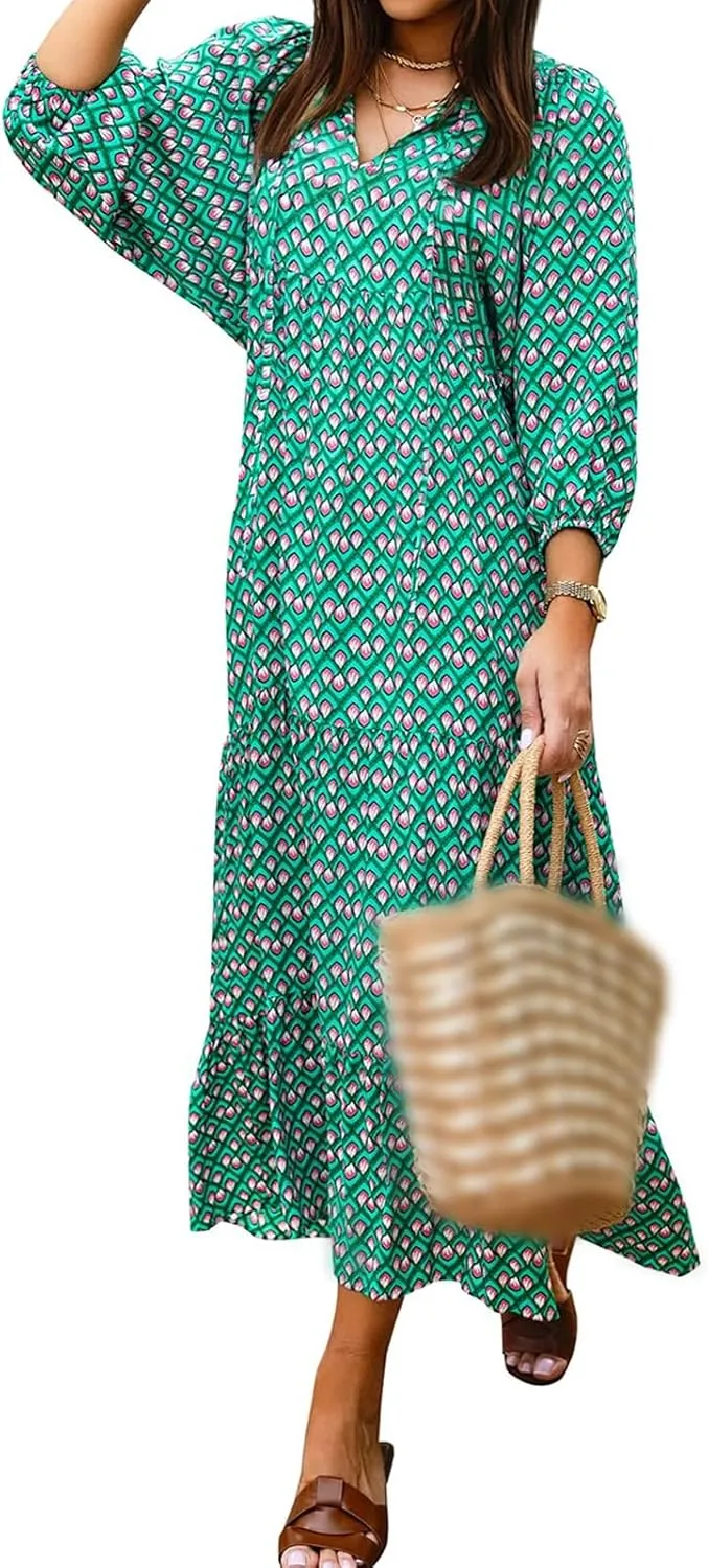 Boho Maxi Dresses for Women Casual Floarl V Neck Puff Short Sleeve Dress Summer Loose Color Block Beach Sundress