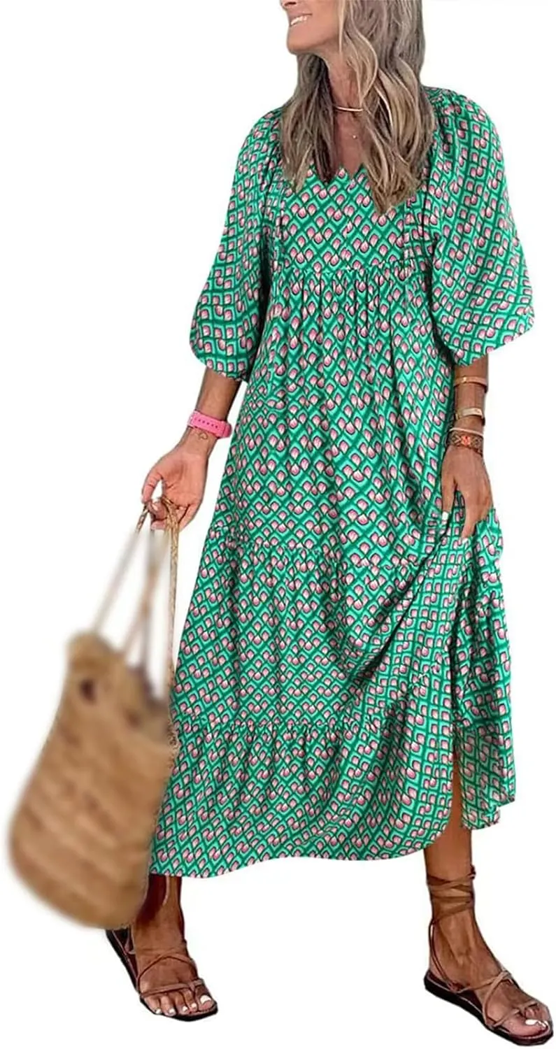 Boho Maxi Dresses for Women Casual Floarl V Neck Puff Short Sleeve Dress Summer Loose Color Block Beach Sundress