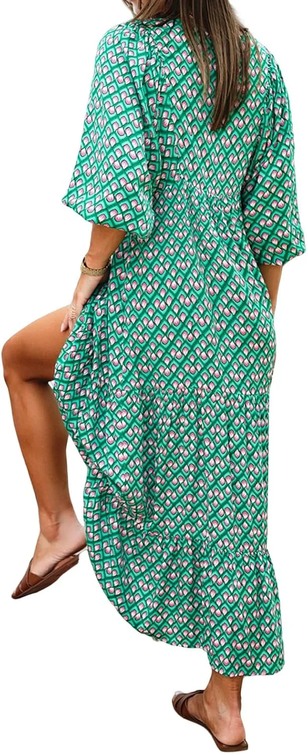 Boho Maxi Dresses for Women Casual Floarl V Neck Puff Short Sleeve Dress Summer Loose Color Block Beach Sundress