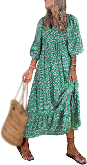 Boho Maxi Dresses for Women Casual Floarl V Neck Puff Short Sleeve Dress Summer Loose Color Block Beach Sundress