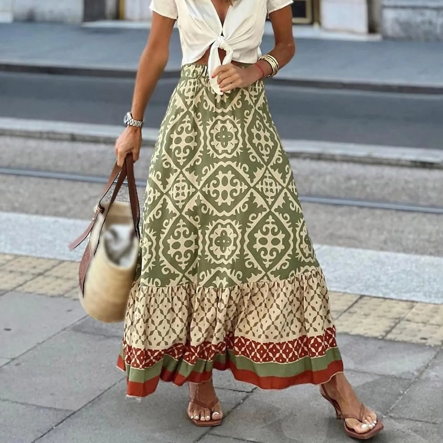 Boho Maxi Skirts Womens Summer Lightweight Fashion High Waist Pleated Skirt Midi Swing Skirt with Pockets A Line