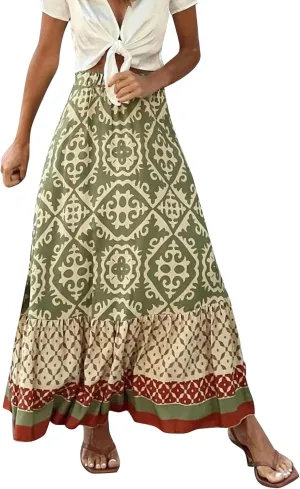 Boho Maxi Skirts Womens Summer Lightweight Fashion High Waist Pleated Skirt Midi Swing Skirt with Pockets A Line