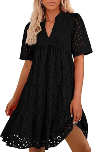 Boho Summer Dresses for Women 2025 Resort V Neck Short Sleeve Hollow Out Lace Ruffle Casual Beach Mini Vacation Dress