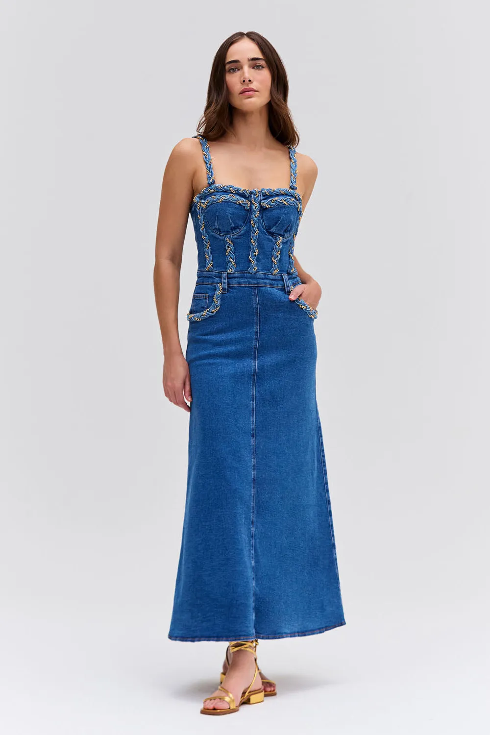 BRAIDED DENIM MIDI DRESS