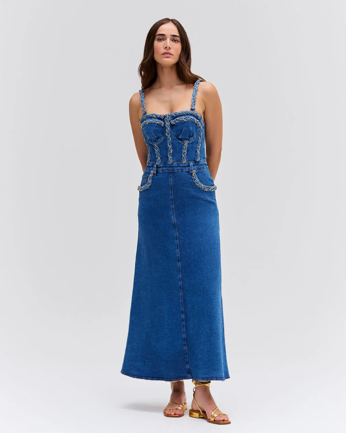BRAIDED DENIM MIDI DRESS