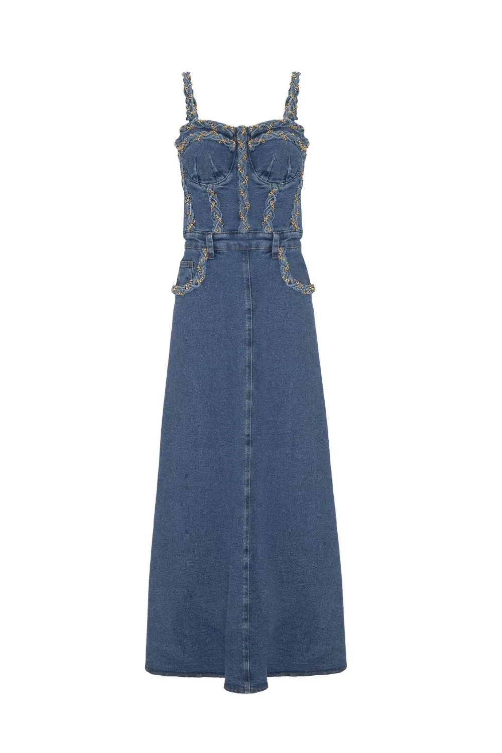 BRAIDED DENIM MIDI DRESS