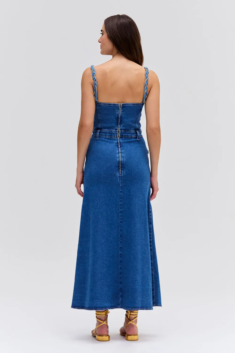BRAIDED DENIM MIDI DRESS