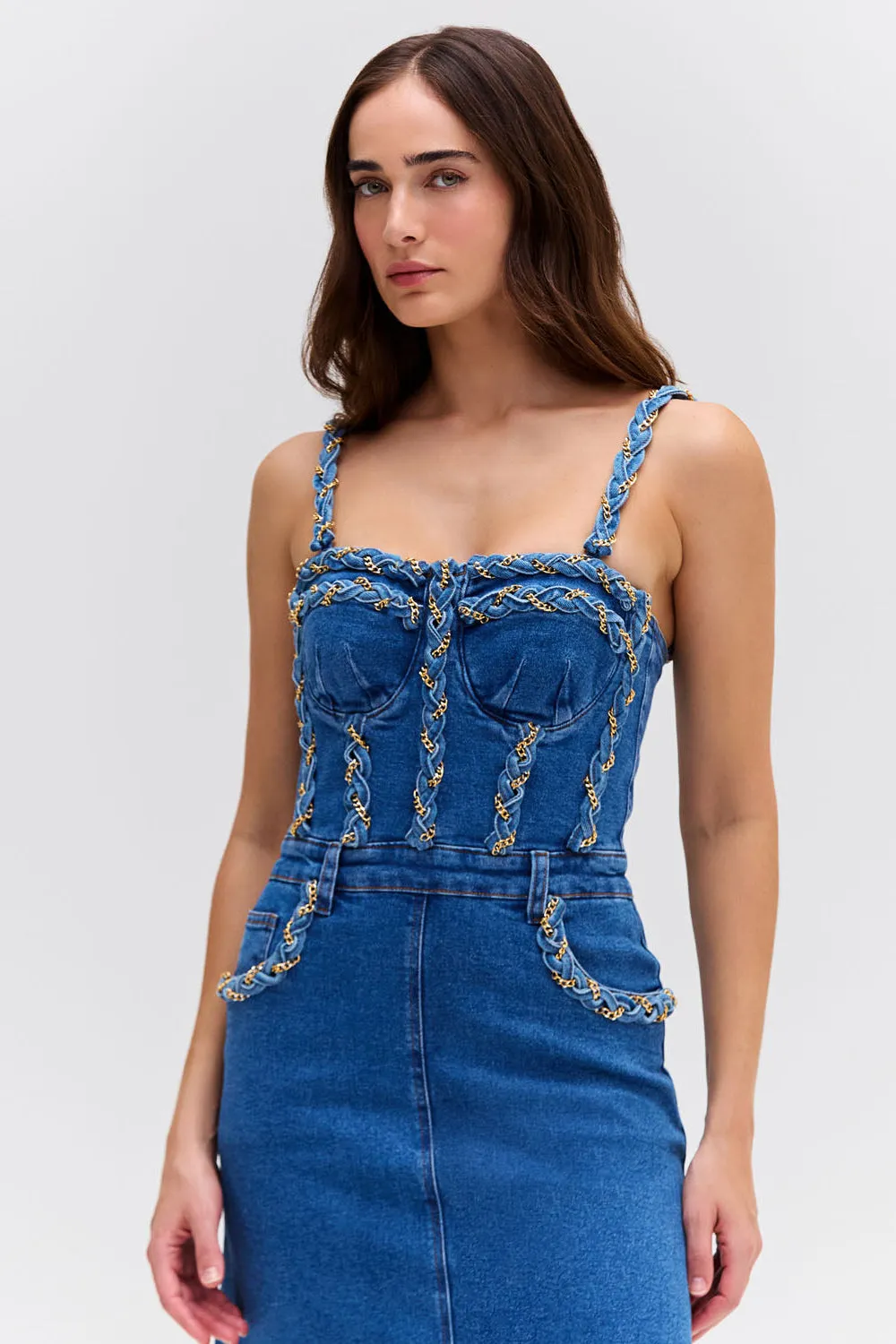 BRAIDED DENIM MIDI DRESS