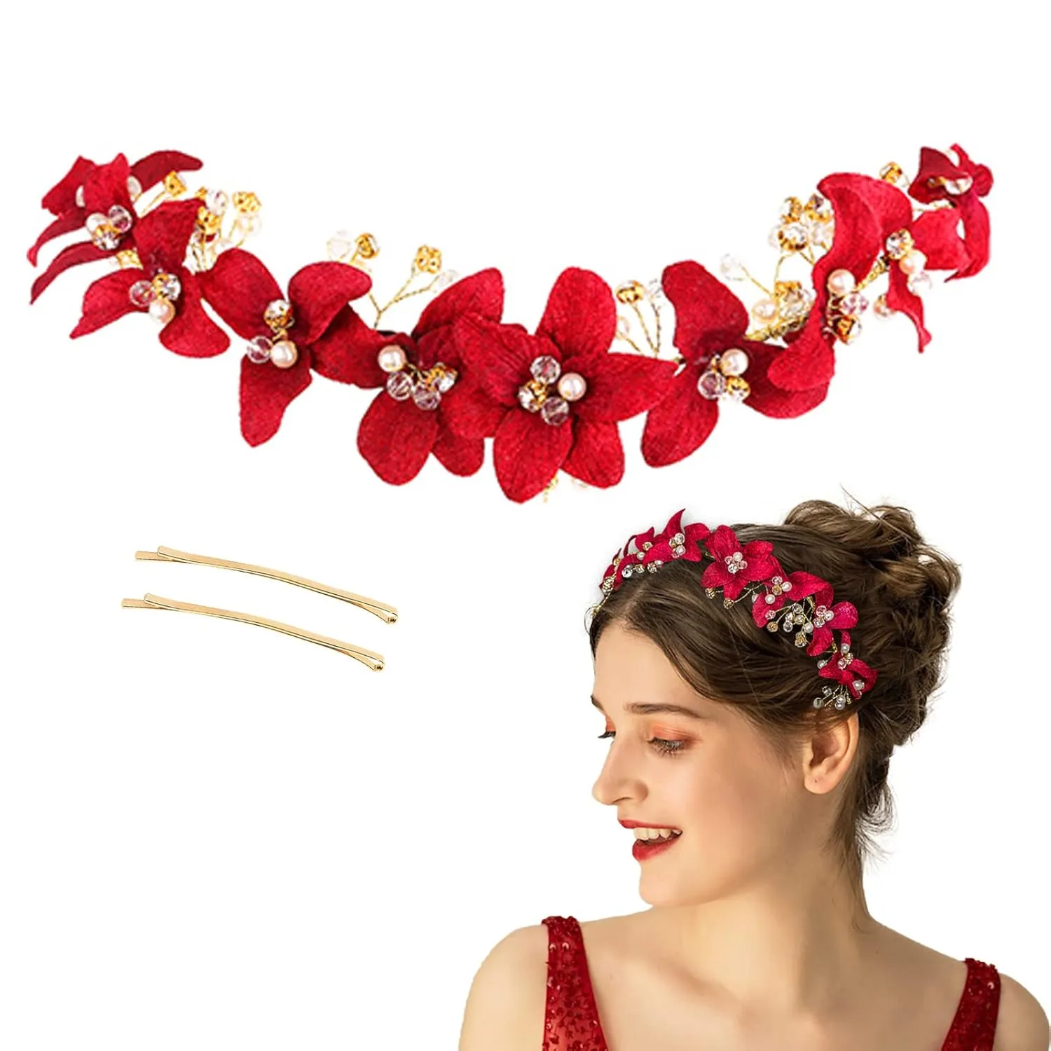 Bridal Red Crystal Headband Princess Flower Hair Vine Headpiece Pearl Wedding Queen Crowns and Tiaras Bride Floral Red Headband for Women and Girls Halloween Decor