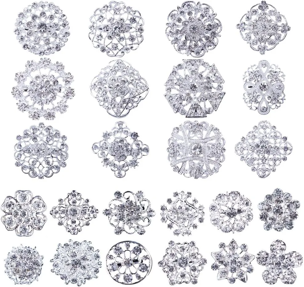 Brooches and Pins for Women, Lot 24pc Silver Color Clear Rhinestone Crystal Flower Brooch Pin DIY Wedding Bouquet Broaches Set