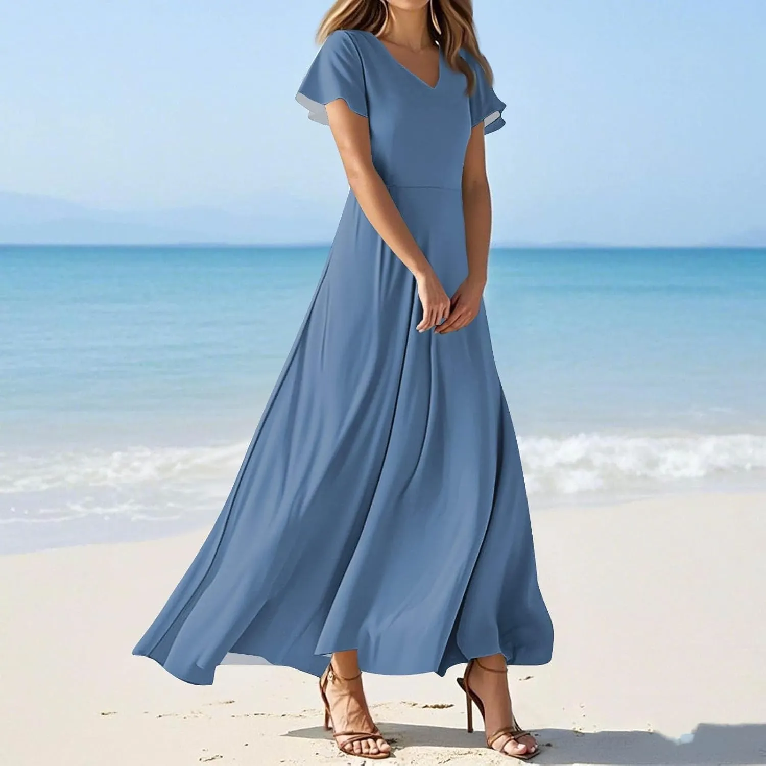 Brunch Dresses for Women 2025 Summer V-Neck Ruffle Short Sleeve Casual Solid Aline Swing Dress,XS-2XL