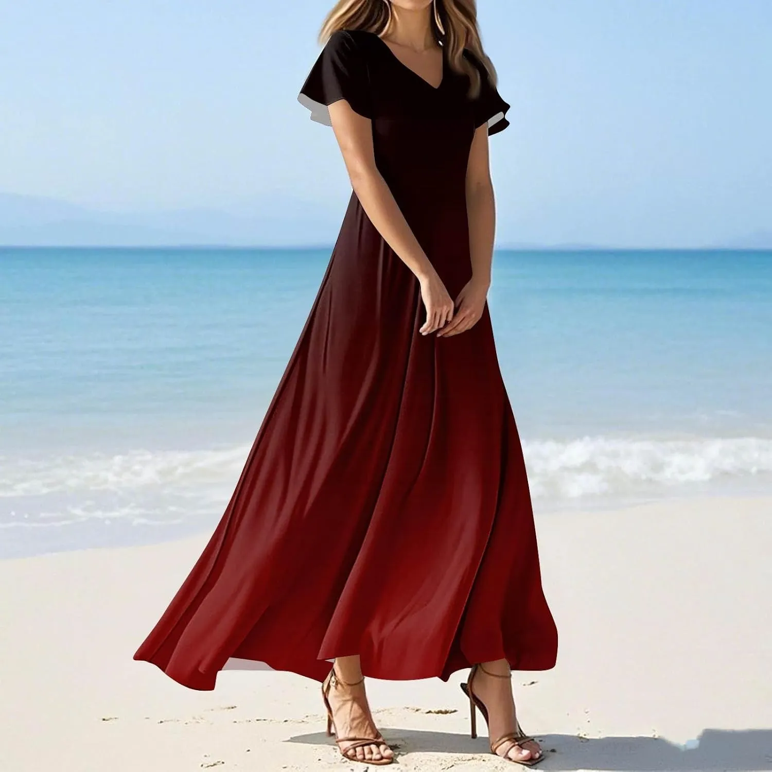 Brunch Dresses for Women 2025 Summer V-Neck Ruffle Short Sleeve Casual Solid Aline Swing Dress,XS-2XL