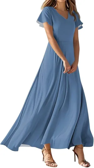 Brunch Dresses for Women 2025 Summer V-Neck Ruffle Short Sleeve Casual Solid Aline Swing Dress,XS-2XL