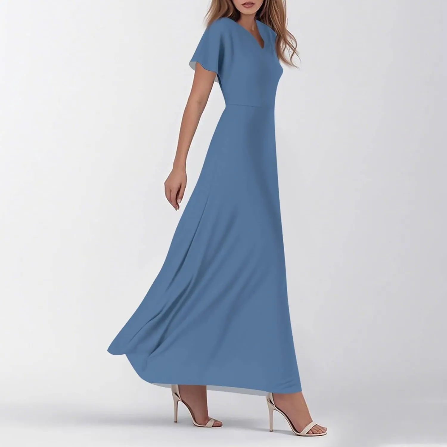 Brunch Dresses for Women 2025 Summer V-Neck Ruffle Short Sleeve Casual Solid Aline Swing Dress,XS-2XL