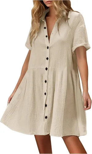 Button Down Babydoll Dress for Women Casual Summer Ruffle Mini Dresses 2025 Trendy Vacation Clothes Loose Sundress